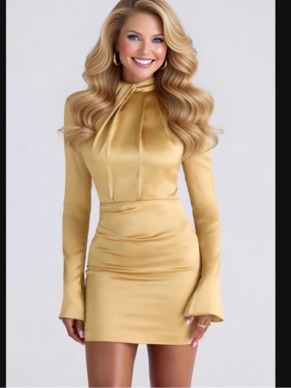 House of CB ‘Amala' Gold Long Sleeve Satin Mini Dress/ Small $269